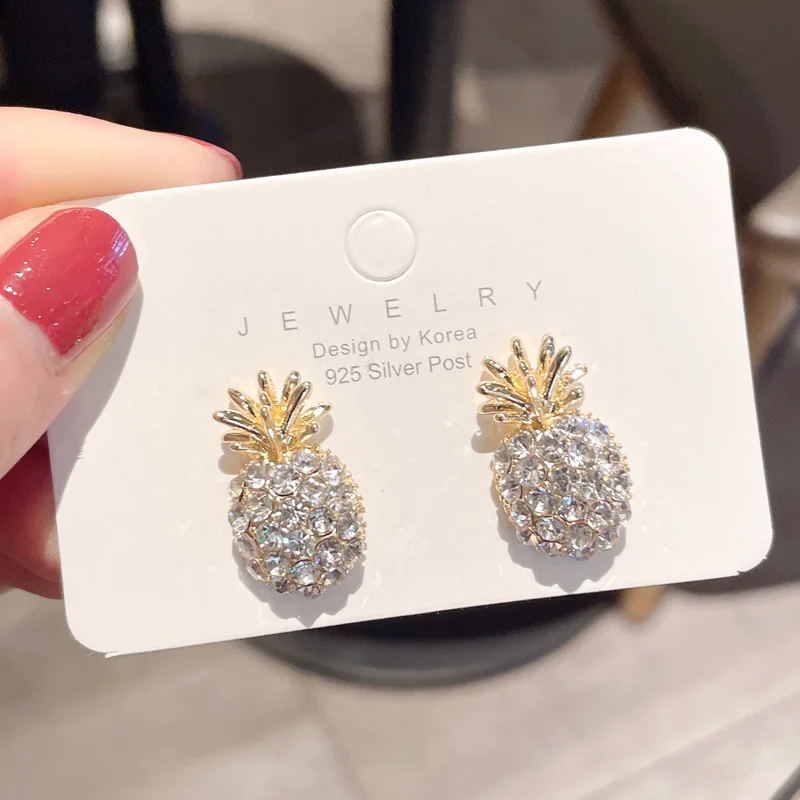 Full Crystal Pineapple Stud Earrings For Women Golden 2022 Trendy Luxury Korean Jewelry White Zircon Earrings Female