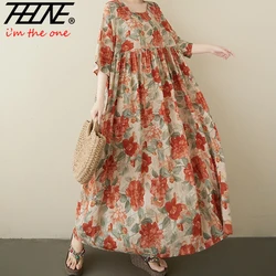 Plus Size Bohemian Print Maxi Long Dress for Women Floral Casual Cotton Linen Loose Vintage Vestidos Para Mujer Robe Dresses