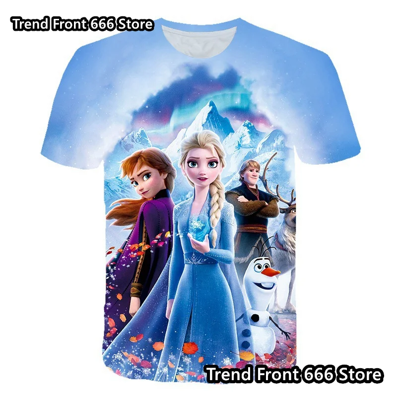 Camisetas de Anime Frozen para niñas, camisetas de verano de manga corta para uso diario, camiseta con estampado 3D de la princesa Elsa, ropa para niños