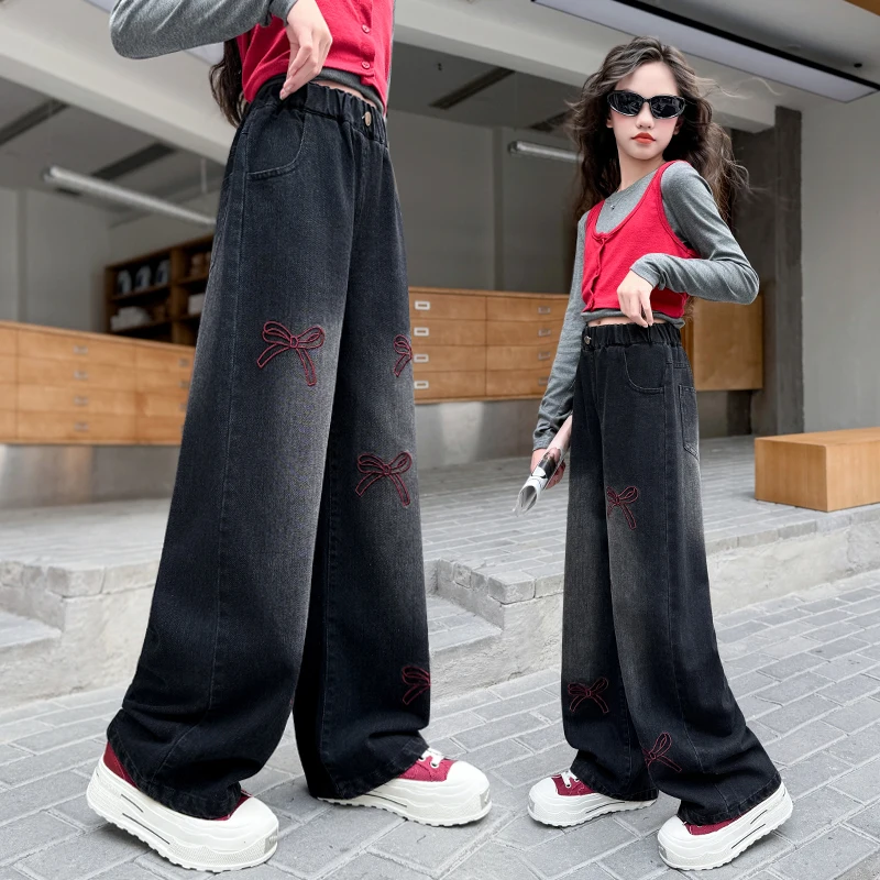 Girls jeans black bow  wide-leg pants autumn grinding white  spliced ​​straight pants suitable for 5-15-year-old pants