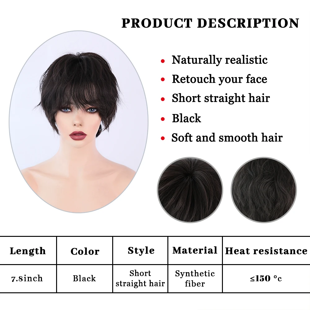 Neuter Style Black Short Hair Women Wig with Bangs Cool Girls Heat Resistant Synthetic Wig Fringe Party Daily Use Fake Hair