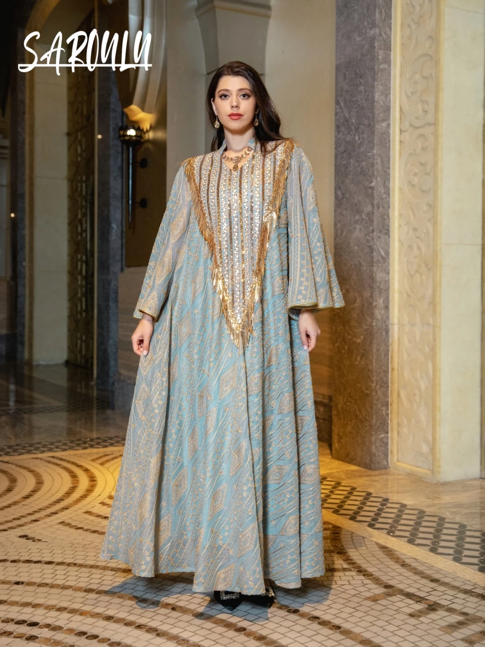 

Arabic Women Chic Tassel Robe Glitter A Line Embroidery Hot Sale Banquet Evening Dress Kaftan Celebrity Delicate Dancing Wear