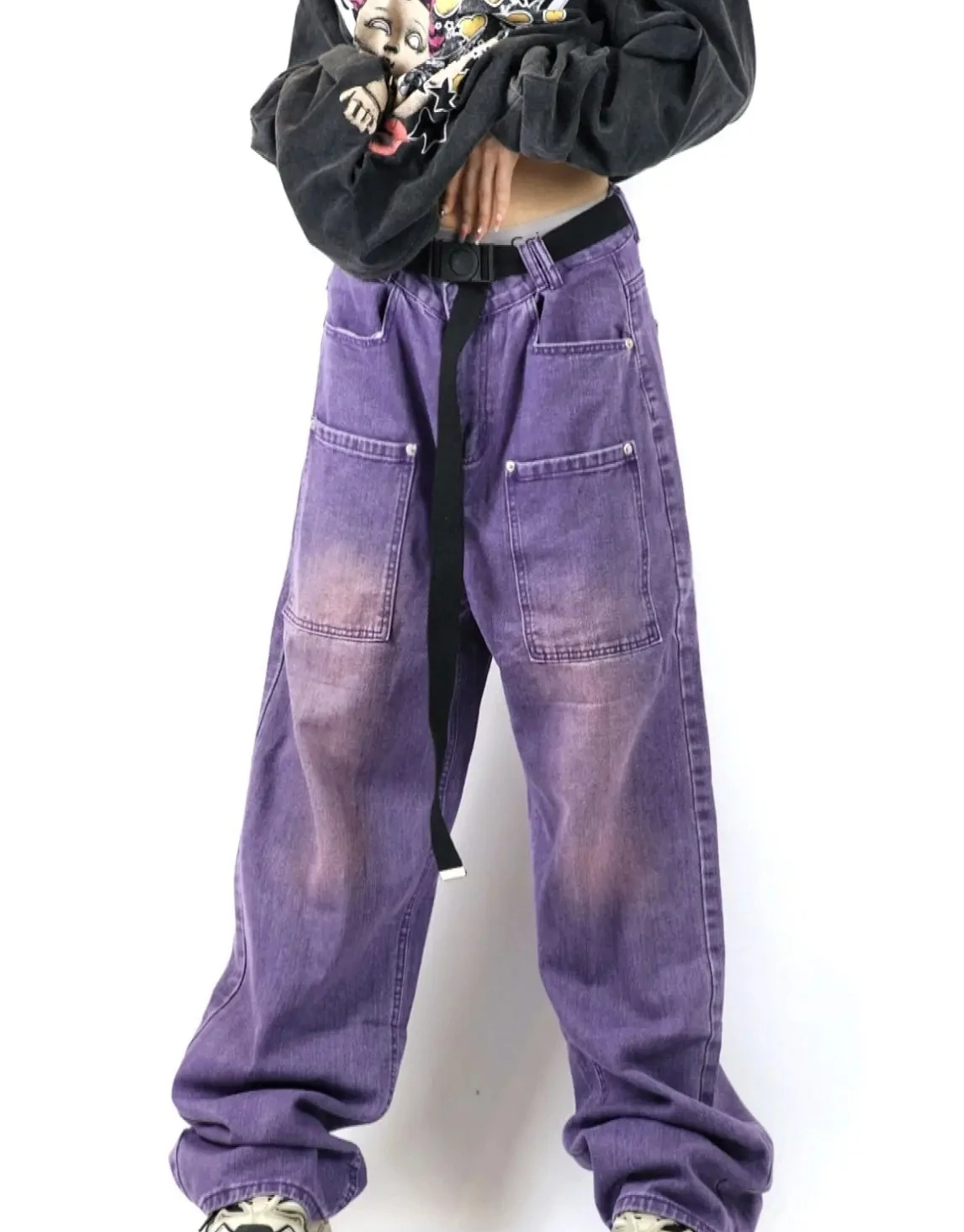

Корейские модные мешковатые джинсы фиолетового цвета Y2k, женские широкие брюки-карго большого размера, уличные брюки в стиле Харадзюку