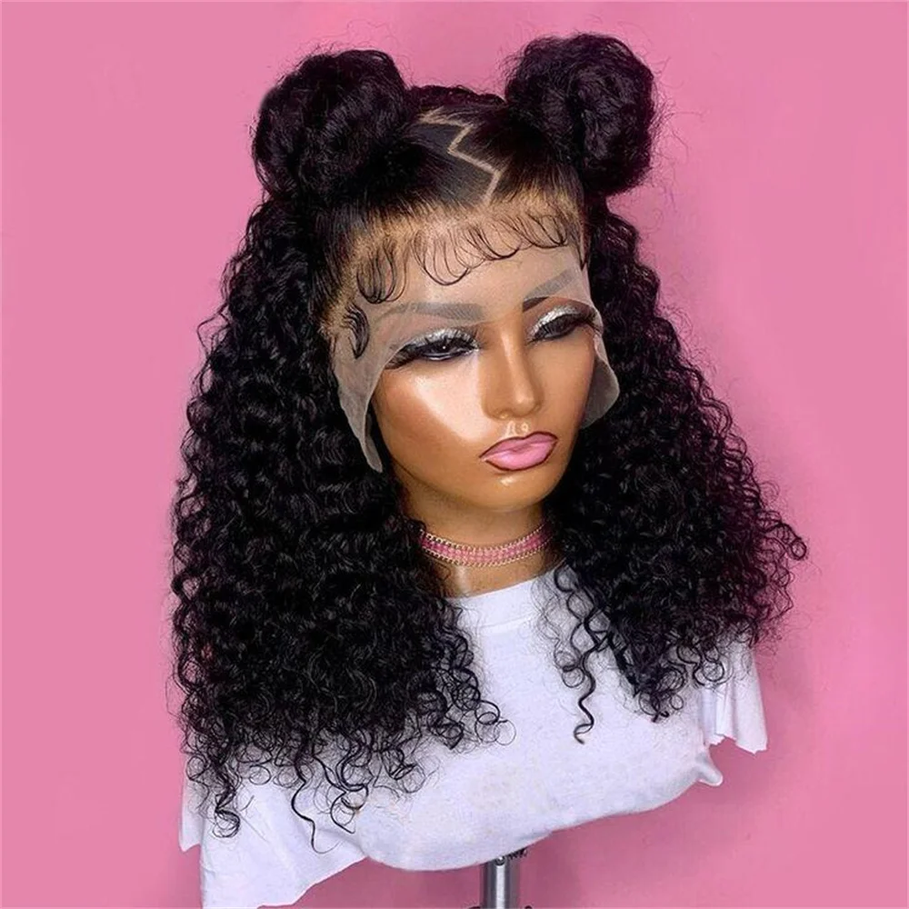Длинный 180 Плотность Кудрявый Вьющийся Натуральный Черный Мягкий 26 Дюймов Глубокий Парик Фронта Шнурка Для Женщин Детские Волосы Бесклеевые Предварительно Сорванные Ежедневно
