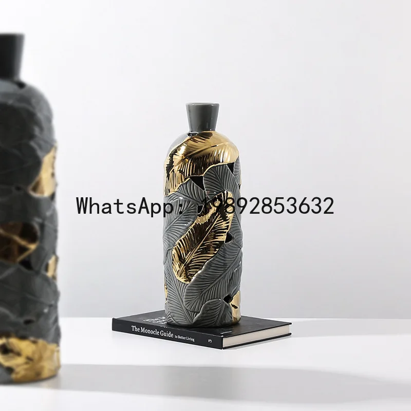 a17Ceramic Vase Creative Feather Shape Gray Gold Feather Pattern Flower Vase Porcelain Bottle Home Decoration Accessories