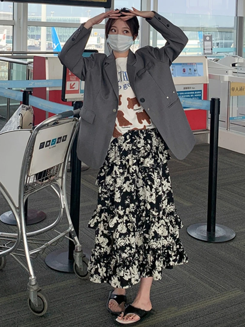 صيف جديد الشيفون نصف طول التنانير للإناث مرونة الخصر خمر الأزهار المطبوعة ألف خط فلوي شارع العليا موضة فيستدوس #1