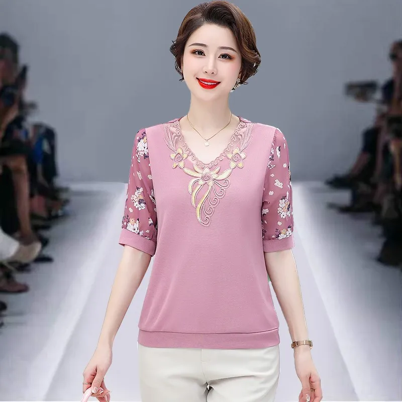 NEW Summer Chiffon Short Sleeve T Shirt Woman Patchwork  knitting T-shirt Woman Shirt Women Shirts