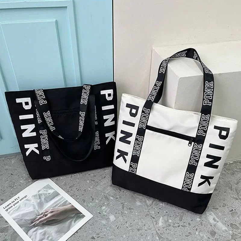 Large Capacity Letter Strap Handbags PINK Tote Large Shoulder Hand Bag Pink Waterproof Nylon Bag