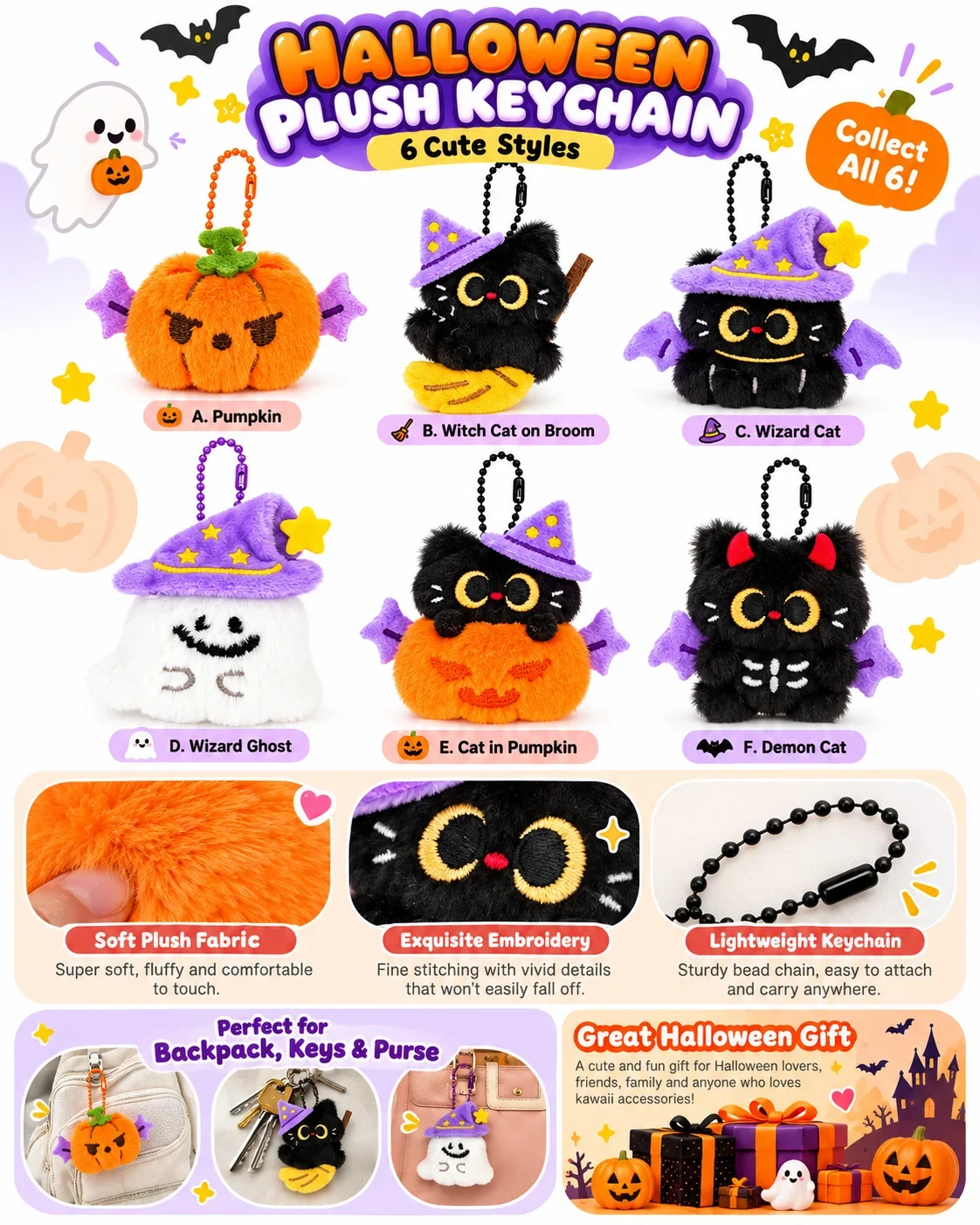 Black Cat Plush Keychain, Halloween Design, Cute Doll Pendant, Versatile Bag Charm