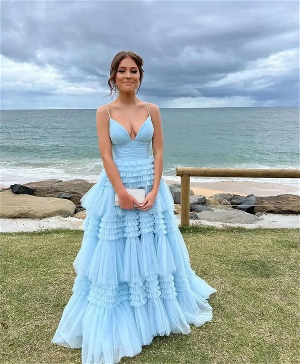 Sansa Spaghetti Strap فساتين السهرة A-line Multilayer Tulle Vestidos De Noche Floor-Length Elegant Sleeveless Prom Dresses 2024