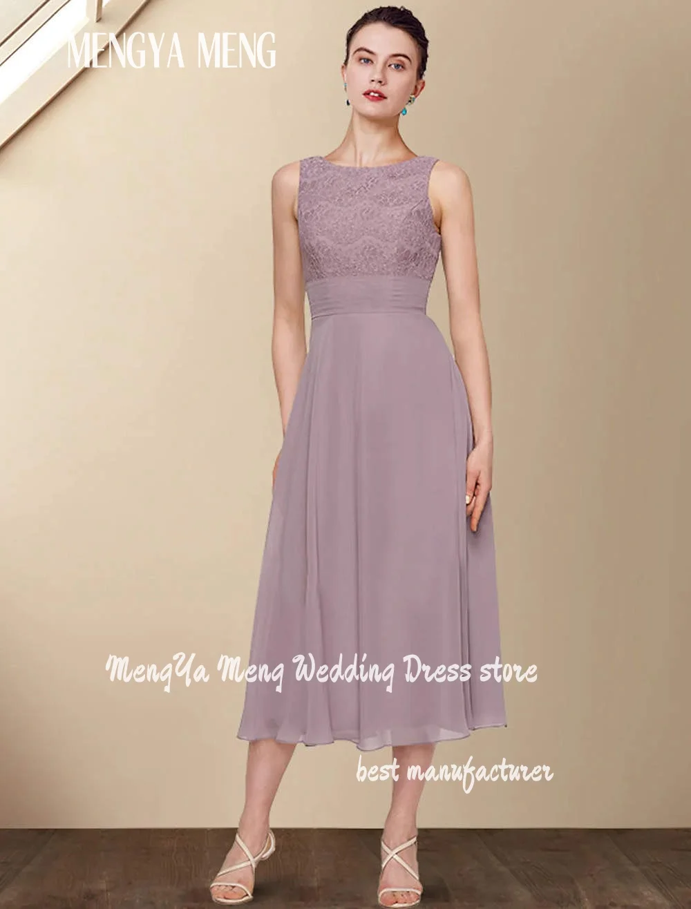 Customized Two Piece A-Line Mother of the Bride Dress with Wrap Jewel Neck Tea Length Chiffon Lace Short Sleeve with Ruched
