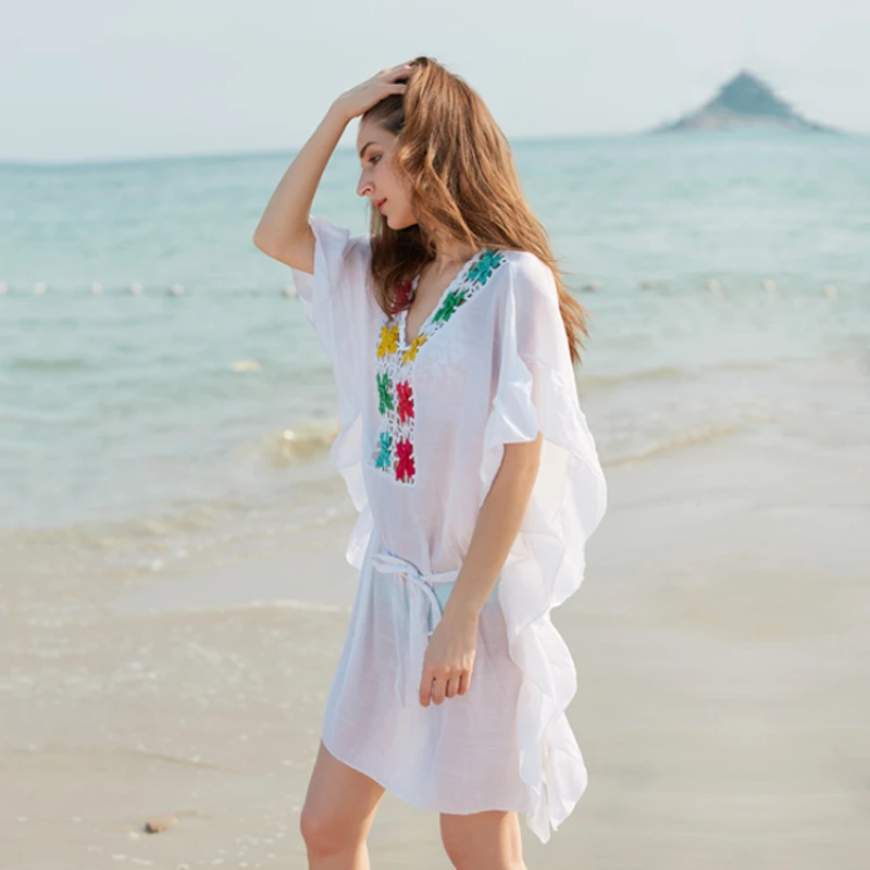 Beach Cover Ups for Women 2023 Batwing Sleeve White Dress Swimwears V Neck Patchwork Bandage Tunic Thin Seaside Vestido Mujer