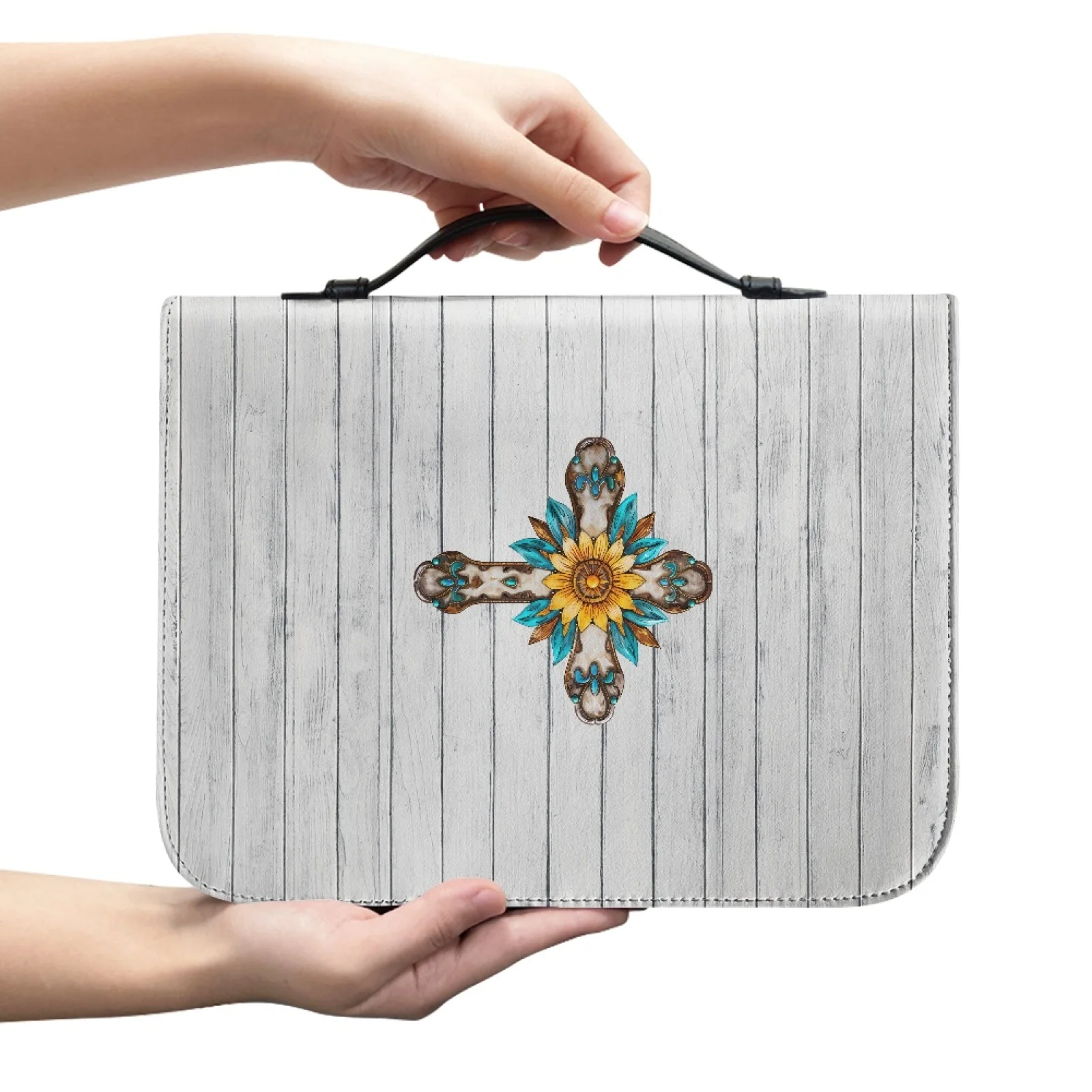XIXIRIMIDO Sunflower Cross 2026 Collection PU Leather Bible Carrying Case, Protective Book Cover with Top Handle for Church