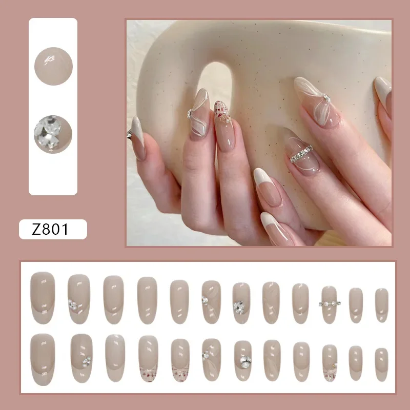 Faux ongles collants faits à la main, paillettes avec diamants, conception française, tête plate, presse acrylique, N64.Set, 24 pièces