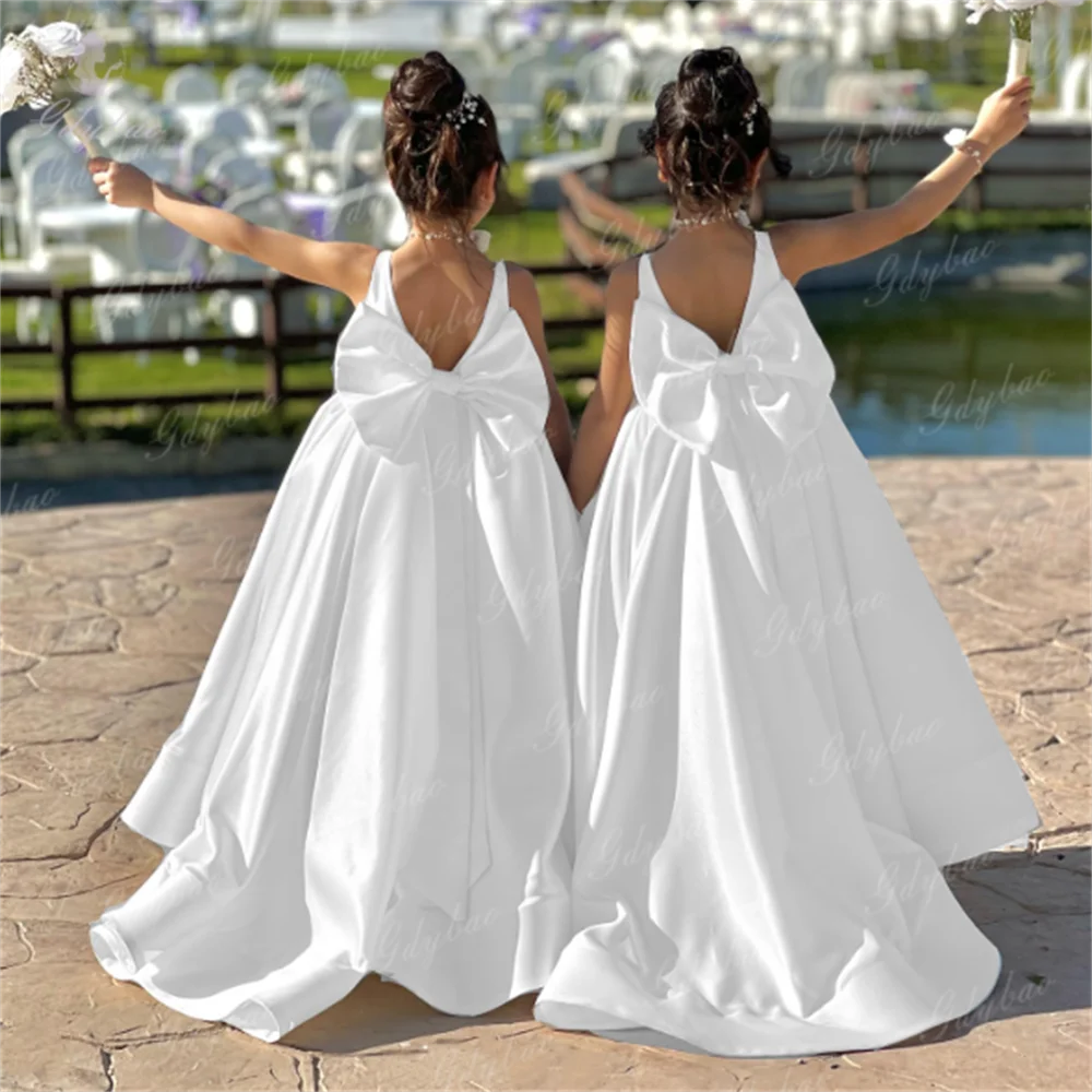 ホワイトサテンフラワーガールドレスリボンストラップ結婚式子供ボール公式イベントフロックカスタマイズされた Vestidos De Noiva