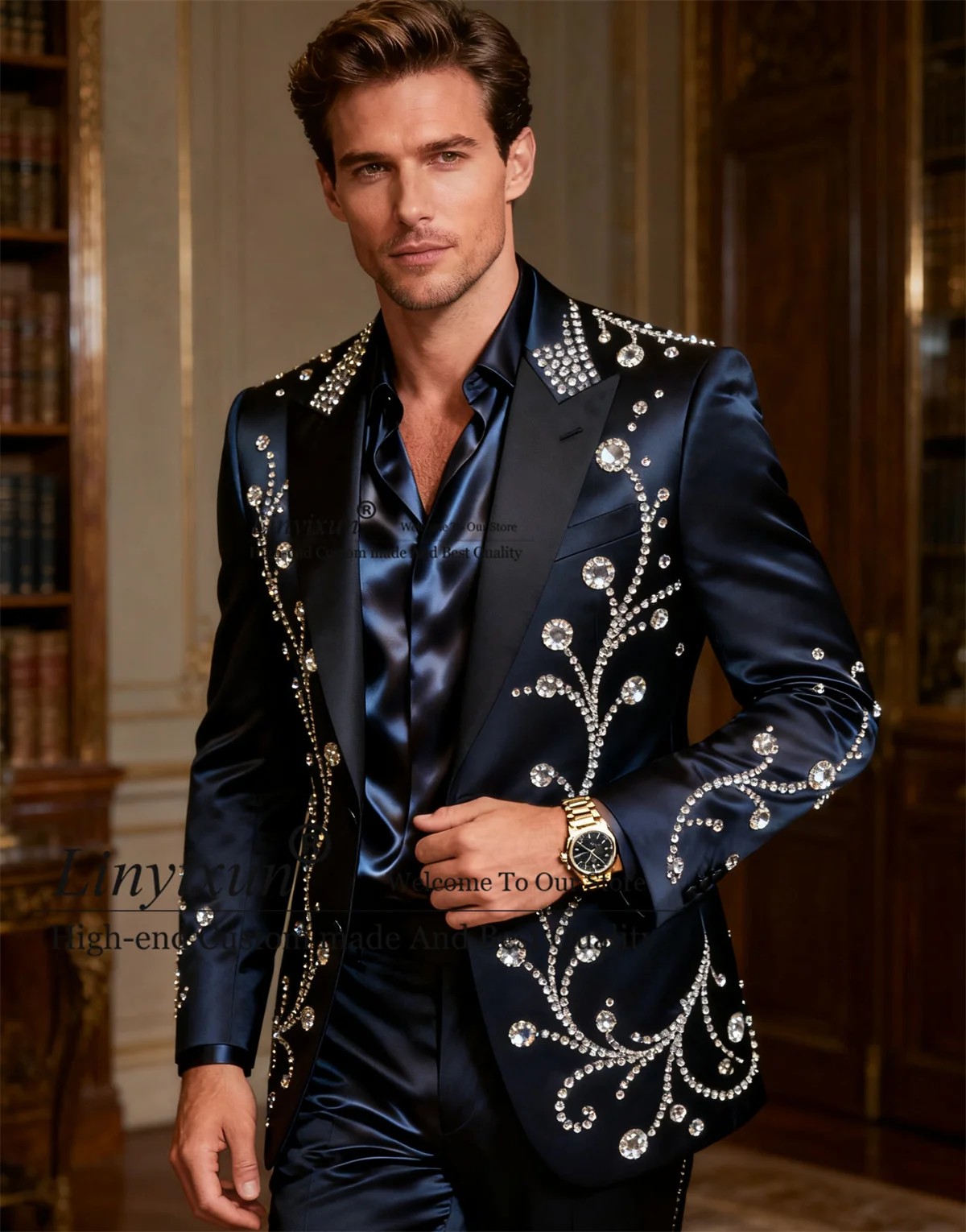 

Glitter Beaded Diamond Men Suits 2 Pieces Sets Wedding Party Tuxedos Customized Groom Prom Blazers Handsome Party Ropa Hombre