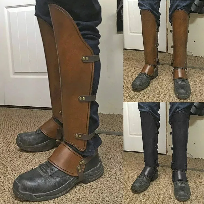 Medieval Steampunk Leather Half Chaps Gaiter Vintage Shoe Boot Cover Shin Guard Armor Knight Hiking Greaves For Men Women LARP