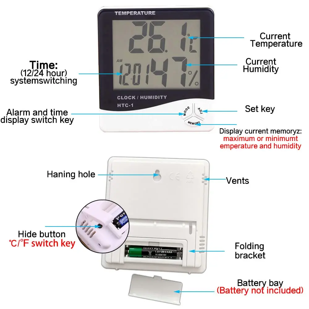 HTC-2 HTC-1 LCD Electronic Digital Temperature Humidity Meter Home Thermometer Hygrometer Indoor Outdoor Weather Station Clock