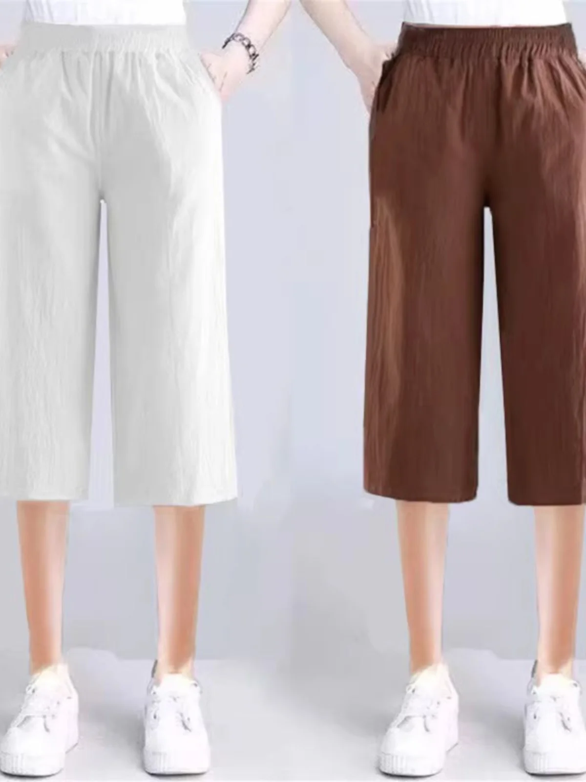 Baumwollhose mit weitem Bein für Damen, Sommer, lockere Passform, leichte elastische Taille, vielseitige Freizeithose, hohe Taille, sieben Fuß lange Länge