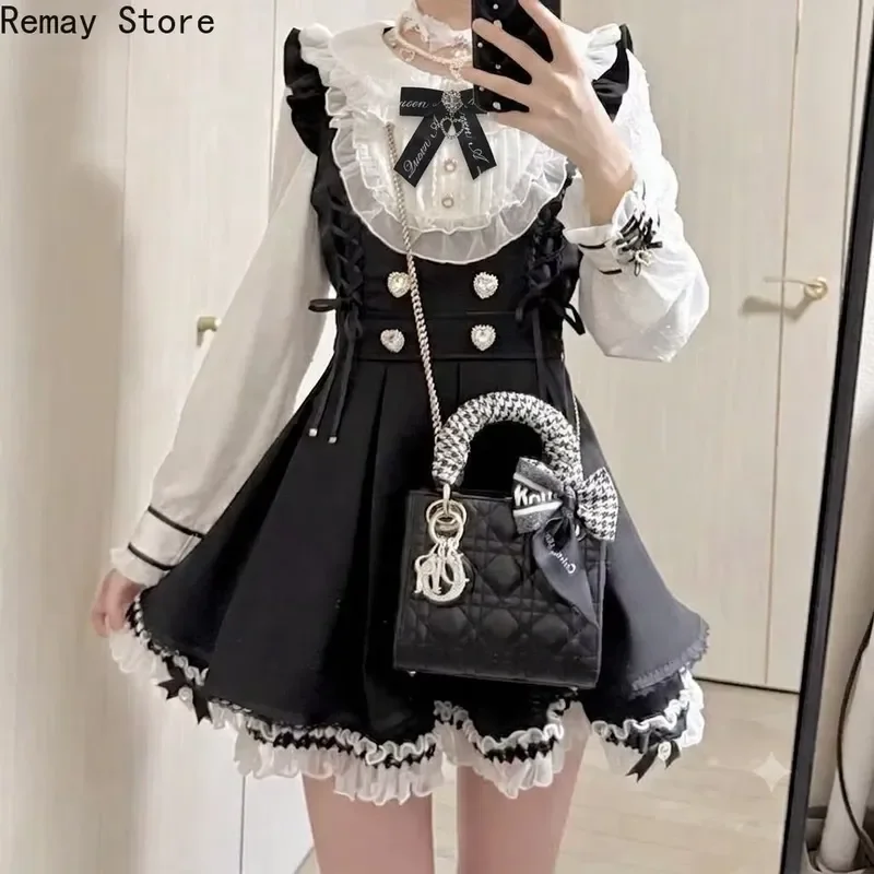 Sweet Japanese Gothic Lolita Dress Y2k Chic Bow Korean Fashion Patchwork Cake Skirt Harajuku Vintage Party Outfit Women