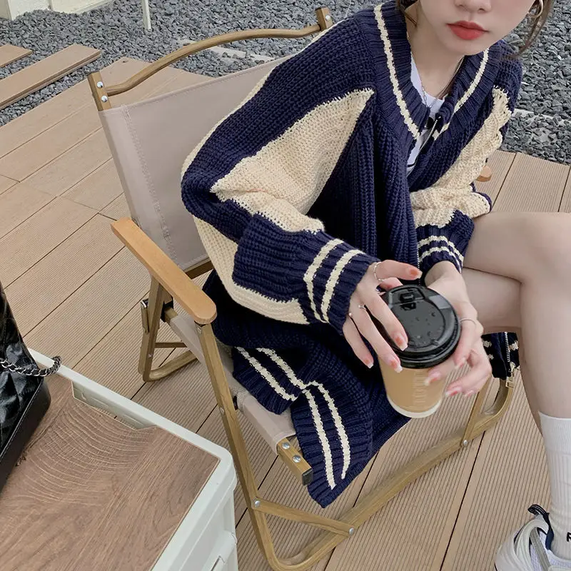 Deeptown-レディース日本のジッパーセーター、ヴィンテージカーディガン、韓国スタイル、特大ニットトップス、パッチワーク、長袖ジャージ、kpop、y2k