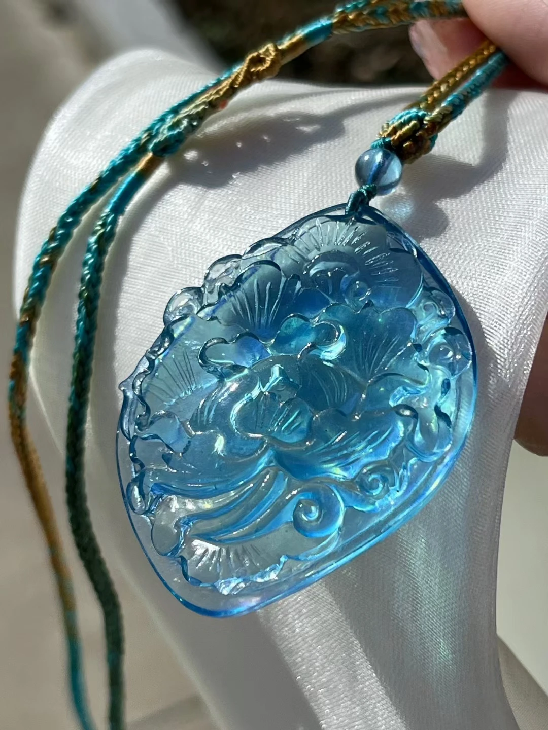 

Natural Blue Aquamarine Quartz Pendant Flower Carved Jewelry 49.5*39.4*11.7mm Deep Blue Aquamarine Oval Necklace AAAAA