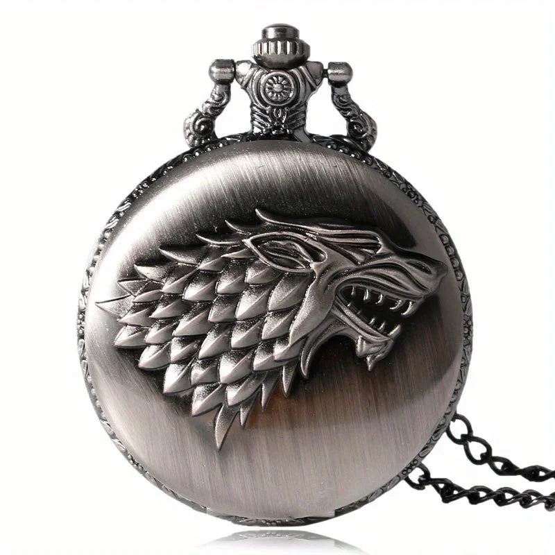 Vintage Style Engraved Wolf Animal Design Arabic Number Quartz Pocket Watch For Men Women Necklace Pendant Chain Collectable