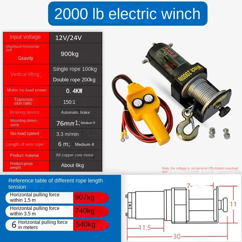 Cable Electric Winches Kit 12V/24V Electric Winch 3000lb Off-Road Heavy Duty Car Trailer ATV Remote Control 1360kg 8M Steel