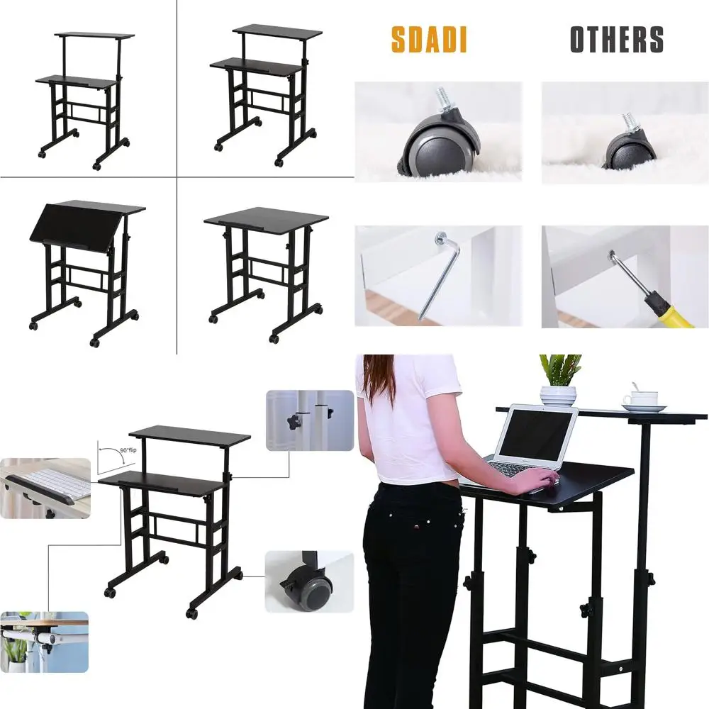 Adjustable 2-Mode Desk Stand with 2-Inch Carpet Wheels for Home Office, Black