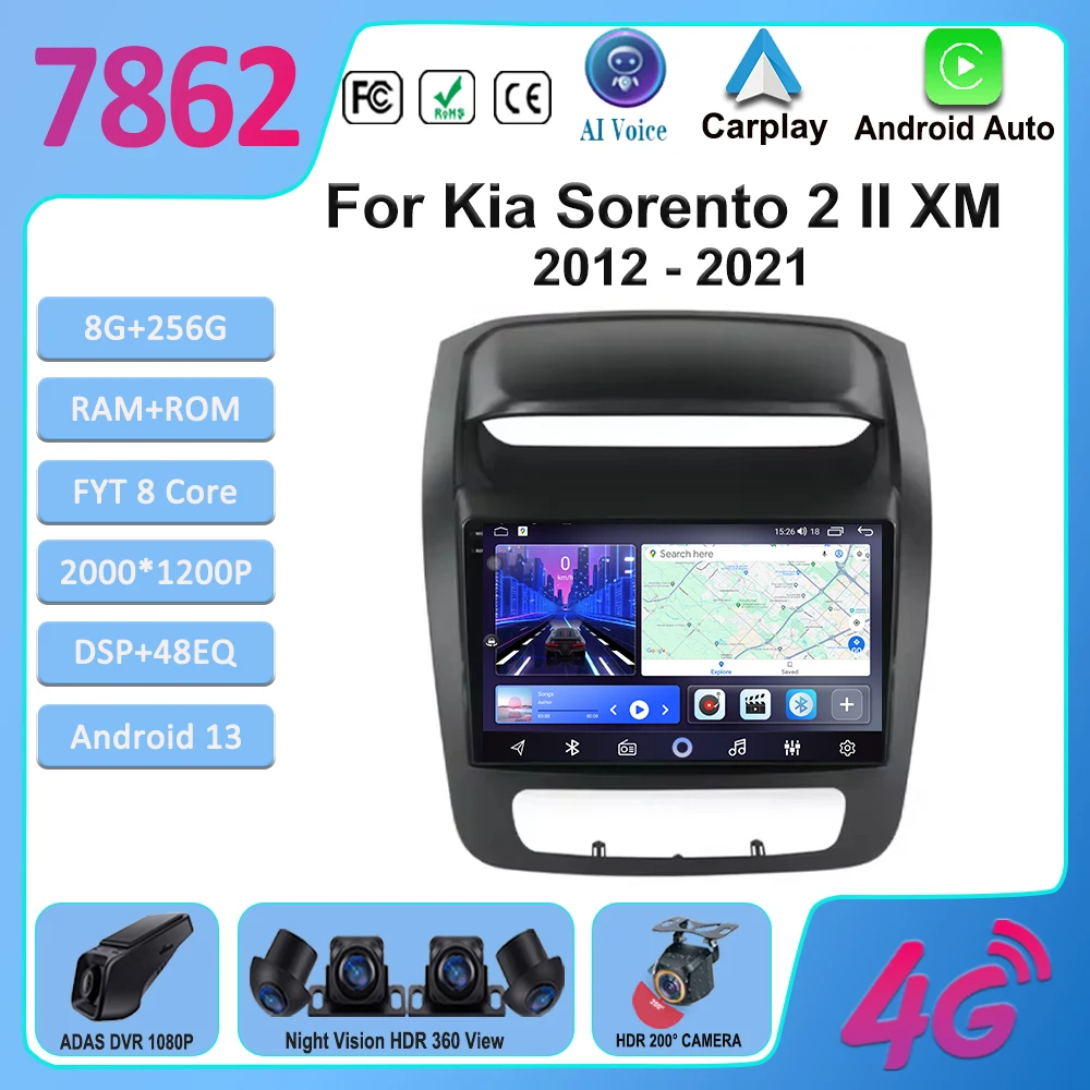 

Car Radio Player Carplay For Kia Sorento 2 II XM 2012 - 2021 Android 13 Wireless Android Auto Touch Screen Rear camera No 2din