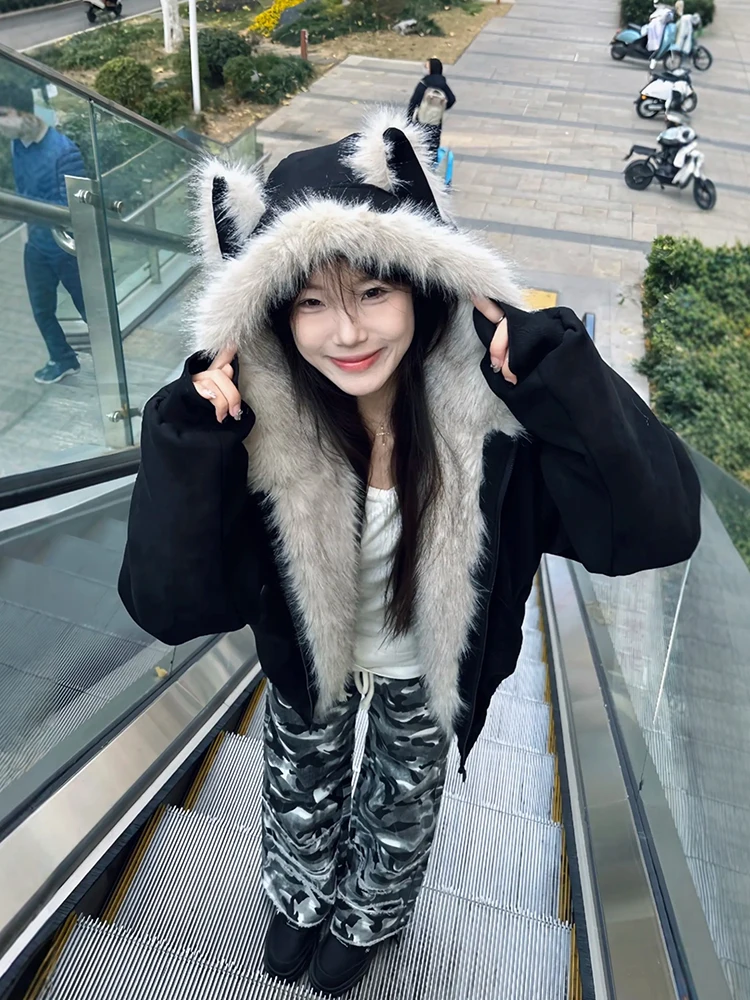 

Хутряный воротник с ушками, хлопковое пальто для мужчин и женщин, зимнее теплое повседневное хлопковое пальто с молнией, украшенное альпинистским хлопковым пальто