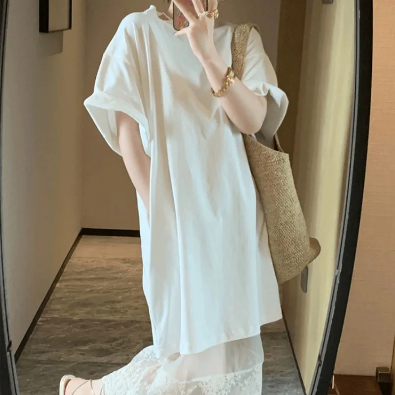 

High density Cotton Back middle line sewing Long T-shirt Loose Casual Tees Short sleeves