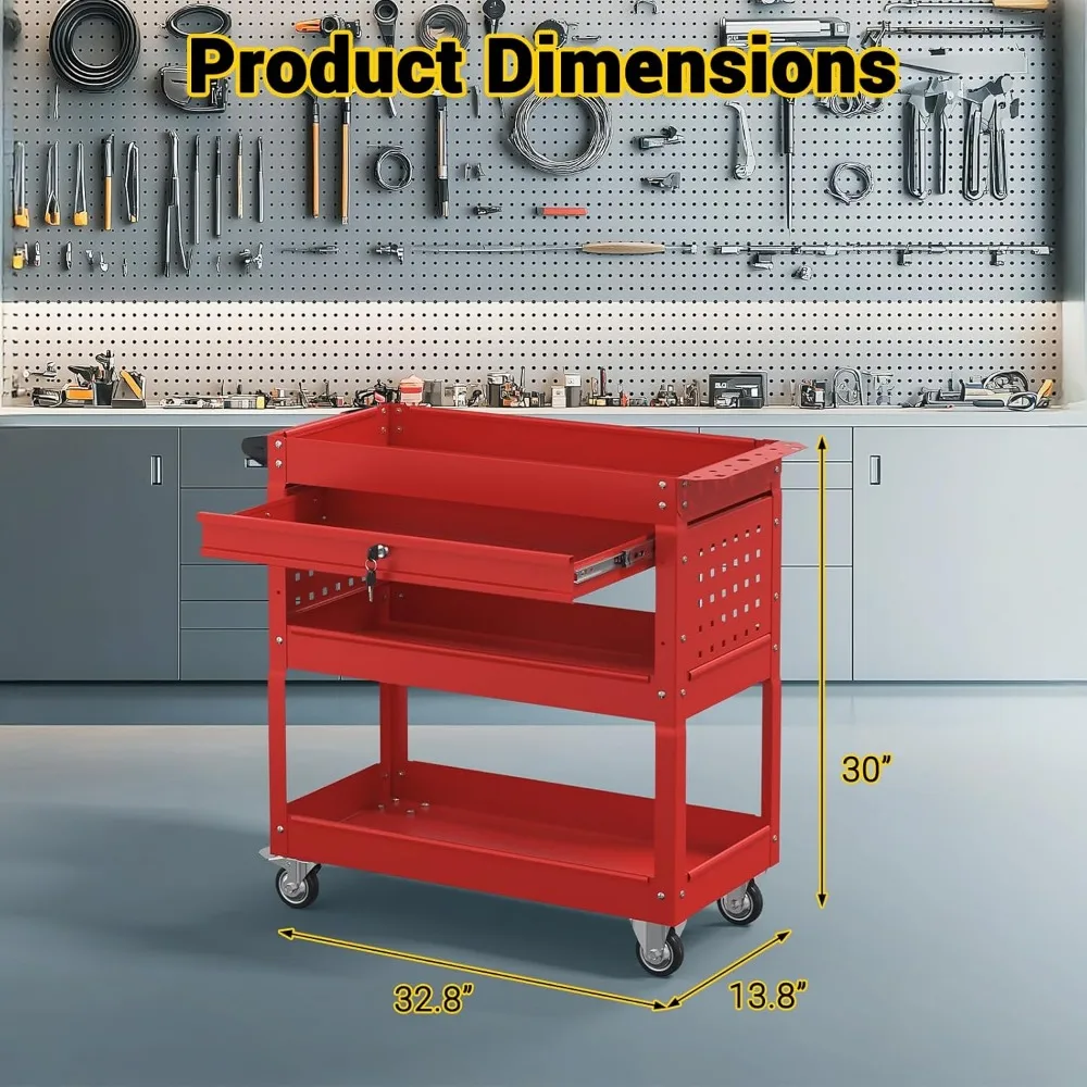 頑丈な3段式ローリングツールカート（引き出し付き）、耐荷重550ポンド、メカニックツール用のペグボードとフック付きユーティリティカート