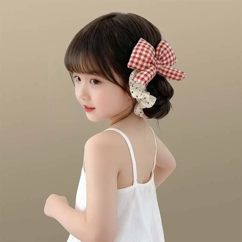 Niedliches kariertes Haarband mit Schleife und Punkten für Mädchen und Kinder, süßes Haarschmuckstück, Scrunchie, Haargummi, Haarring, Haar-Accessoires – Detail 4