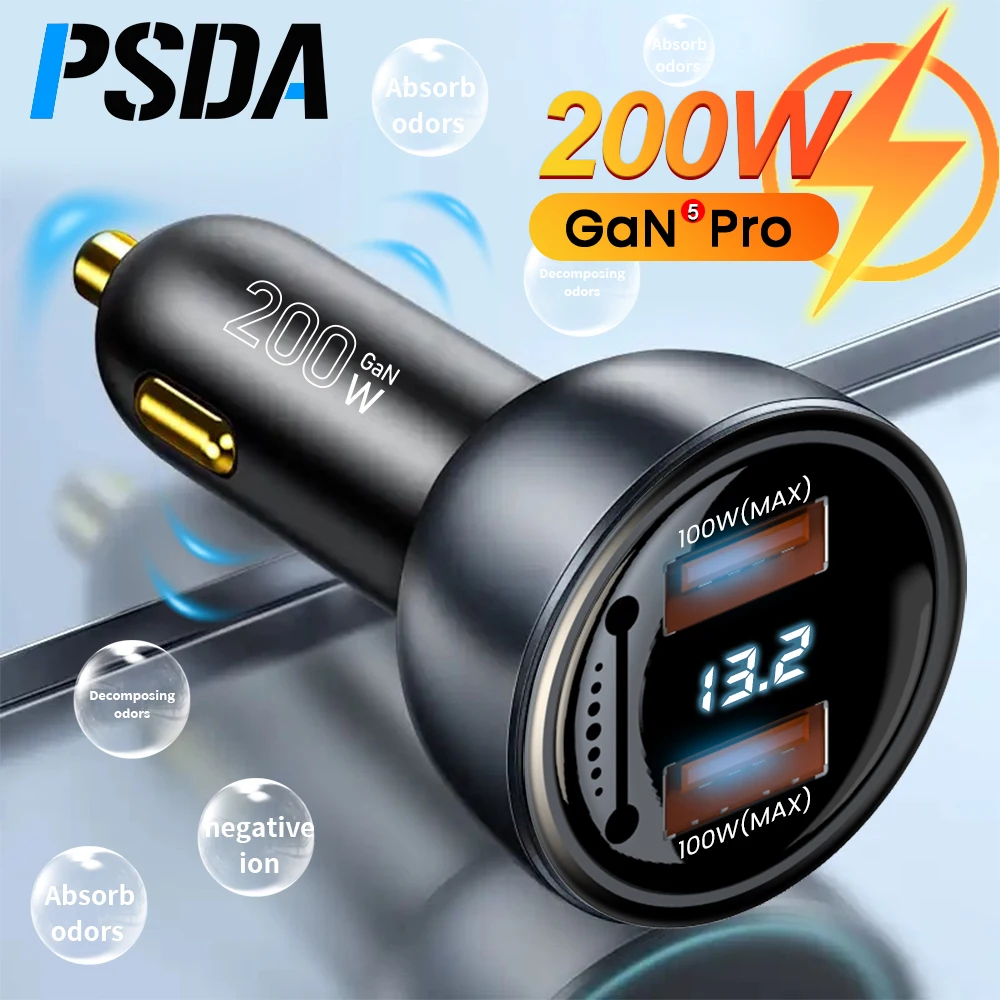 

PSDA 3D Negative ion 200W GaN USB Car Charger with Voltage Display 2 QC3.0 USB-A 100W 66W SuperCharge for Huawei Honor VIVO OPPO