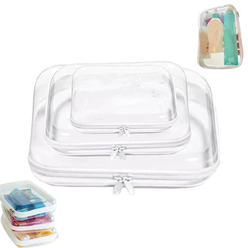 Transparent Zippered Hard Pouch Bag Foldable Storage Bin With Zipper Clear Organizer Case For Books Cosmetic Toys Travel Bedroom