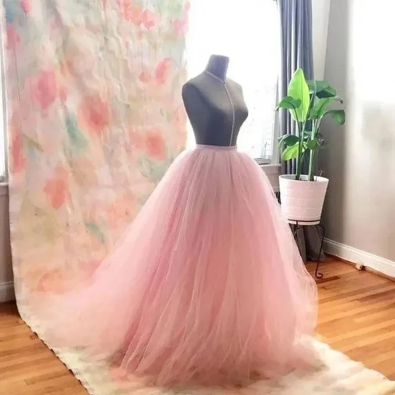 

Romantic Pink A-line Bridal Tulle Skirts Women Zipper Puffy Long Tulle Skirt Custom Made Maxi Lush Skirt