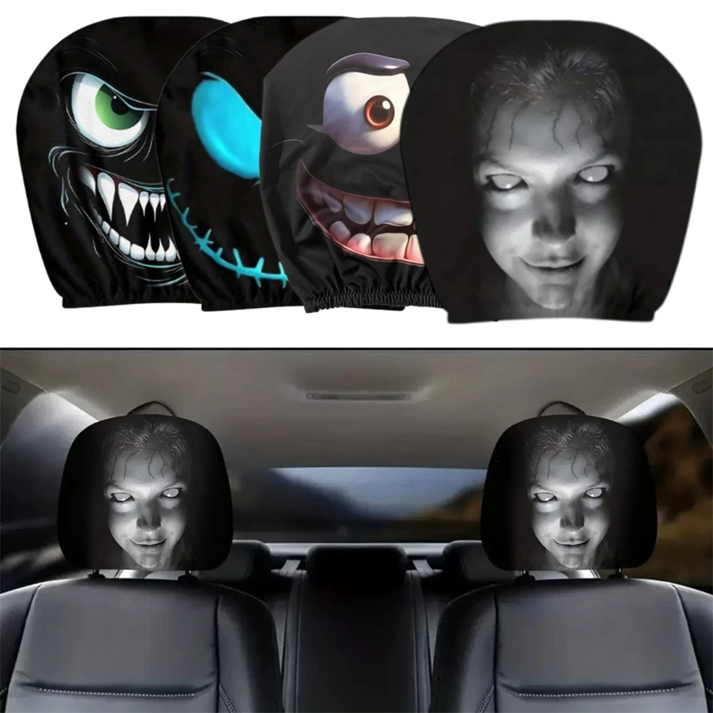2PCS Halloween Ghost Face Headrest Covers Funny Stretchy Seat Protector Spooky Scary Headrest Covers for Cars