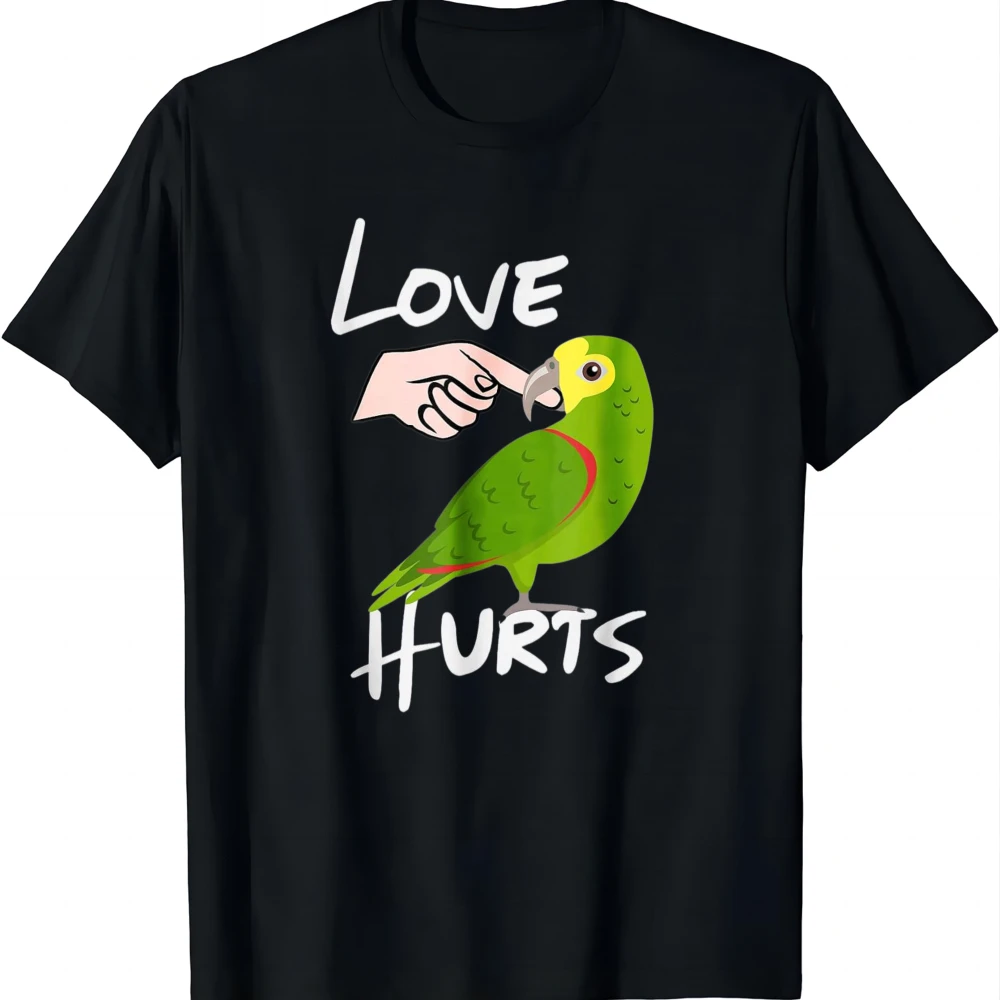 Love Hurts Yellow Head Amazon Parrot T-Shirt Valentine's Day T-Shirt Funny Streetwear Clothing Men and Women Short Sleeves