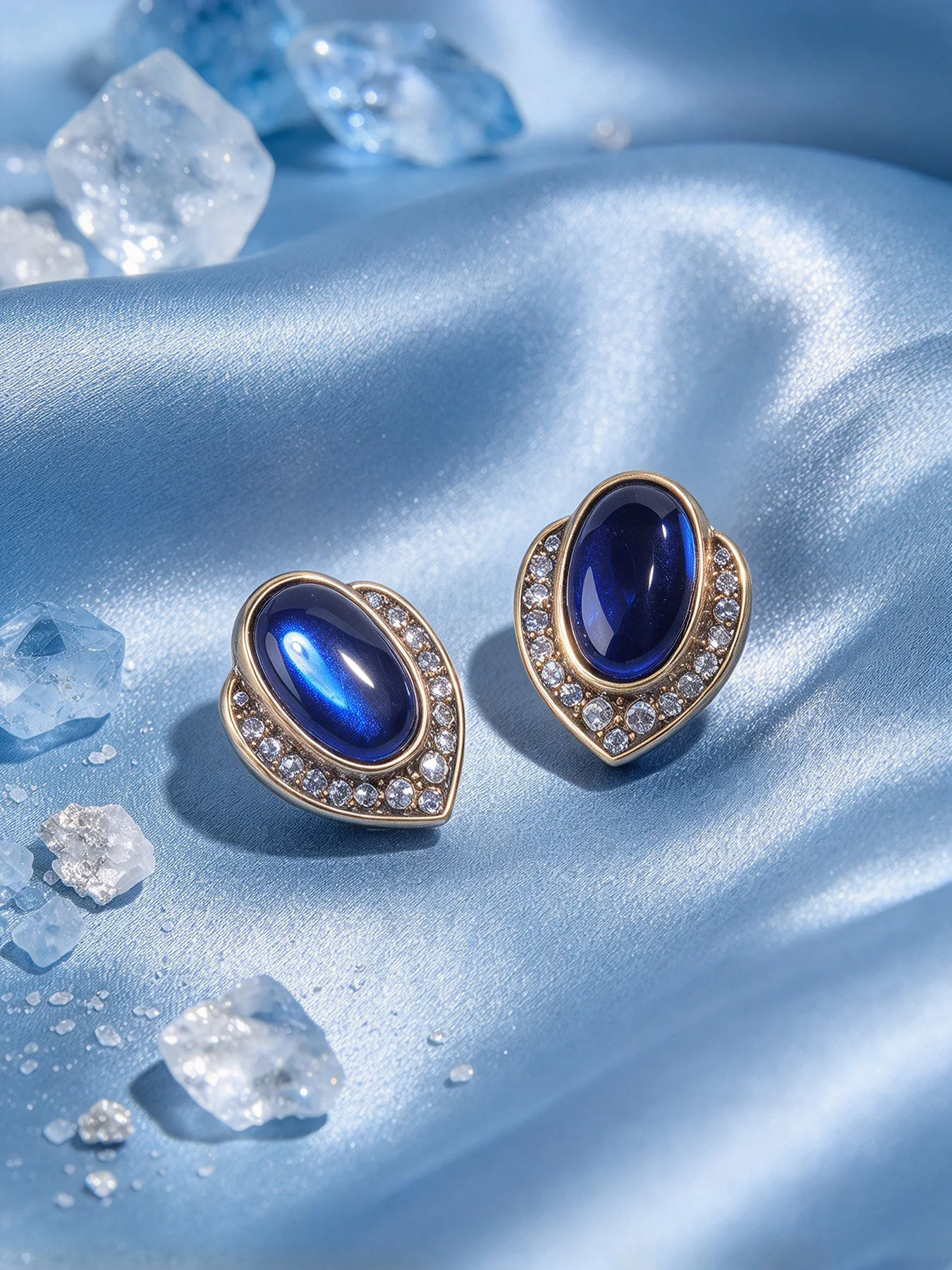 Vintage Sapphire Cabochon Heart Stud Earrings, Antique Gold Paved Crystal Luxury Jewelry