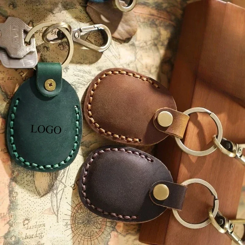 Personalize Vintage Dermis Key Chain Laser Custom LOGO Genuine Crazy Horse Leather Keychain Case for Air Tag Door Card Keyring