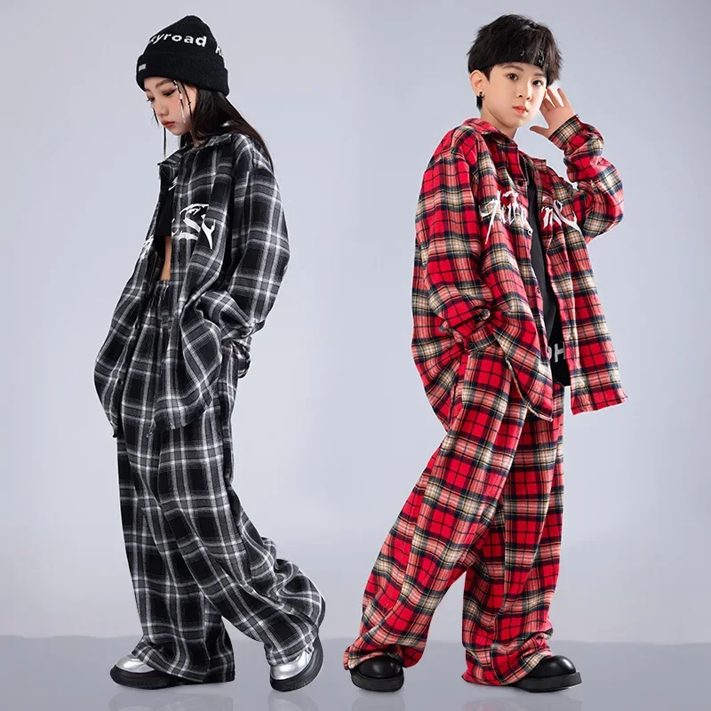 Ensembles Hip Hop pour garçons, chemise à carreaux rouge, pantalons de danse de rue, chemisier K-pop pour filles, pantalons de survêtement Baggy, Streetwear pour enfants, vêtements de Jazz pour enfants