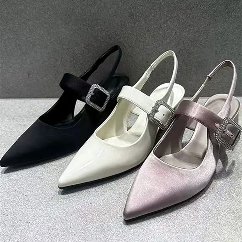 

Bling Rhinestone Buckle High Heels Women Fashion Pointed Toe Slingback Chunky Heel Designer Shoe Elegant Silk Banquet Dress Shoe