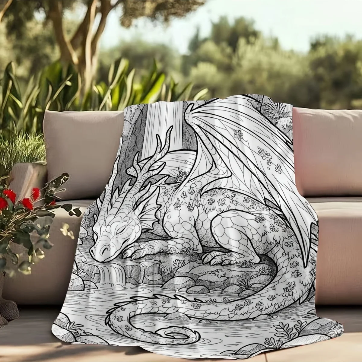 Chinese Style Sleeping Dragon Line Art Flannel Blanket, Ultra-Soft Lightweight for Sofa Bed, Great Dragon Lovers Coloring Gift