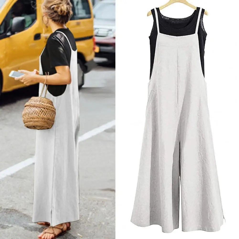 Vrouwen Bandjes Jumpsuit Zomer Effen Kleur Wijde Pijpen Broek Bib Overalls Casual Losse Mouwloze Katoenen Linnen Jumpsuits Ademend