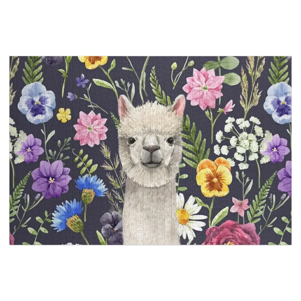 Rompecabezas de Alpaca Wildflower, nombre de madera personalizado con foto