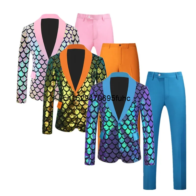 

Fashion Men Sequin Suit 2 Piece Set 2024 New Men's Luxurious Wedding Dance Party Stage Dress Blazers Jacket and Pants