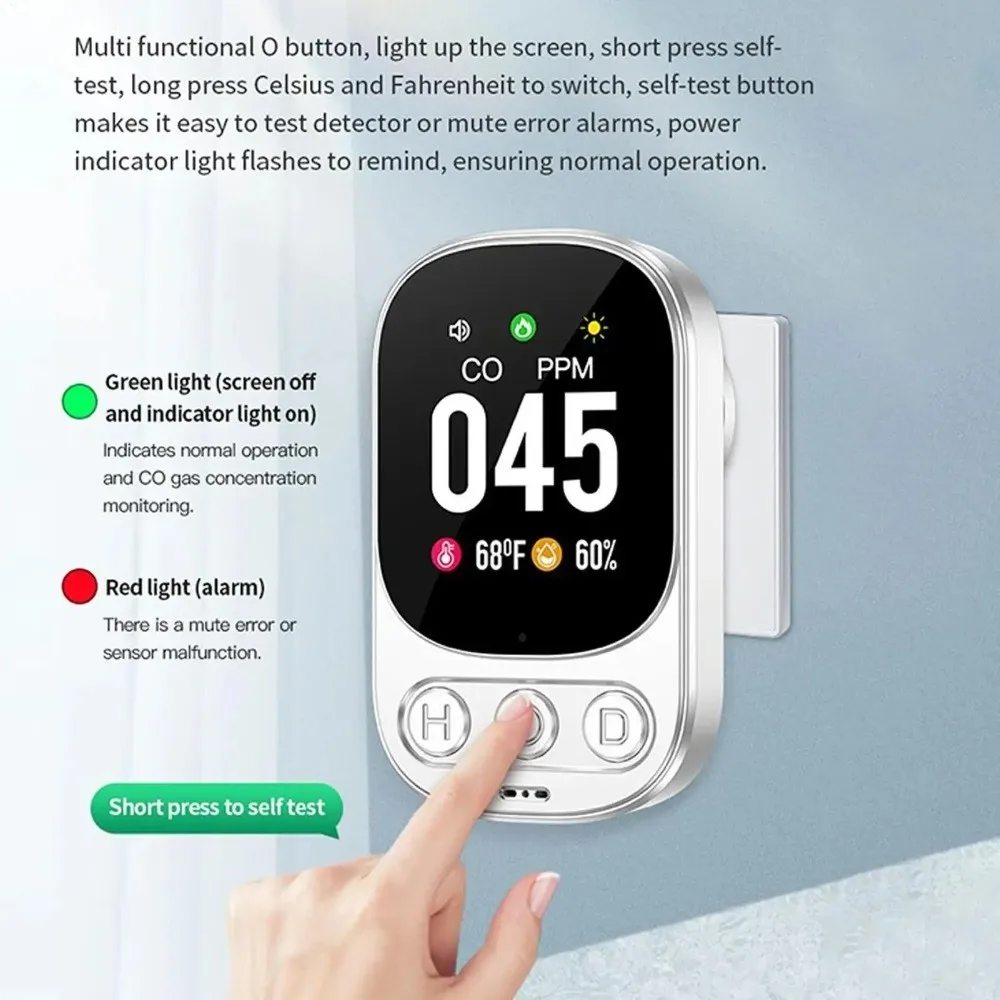 High Sensitivity Carbon Monoxide Detector Large Screen Real Time Monitoring CO Monitor Portable Temperature Humidity Detector