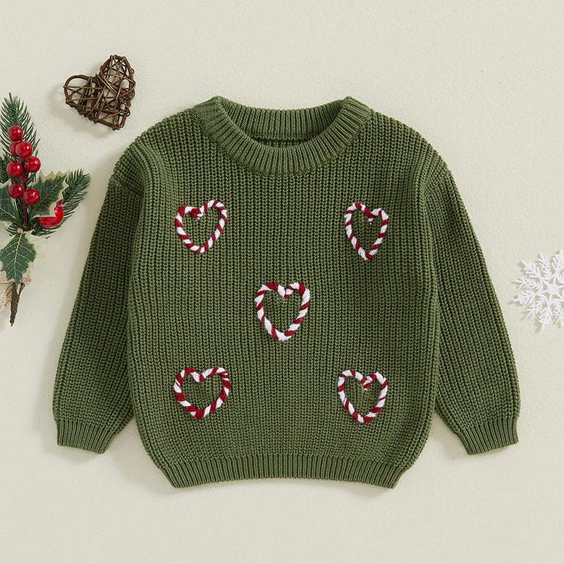 0-3 Years Baby Christmas Sweaters Long Sleeve Heart Shaped Candy Cane Embroidery Knit Pullovers Infant Jumper Tops