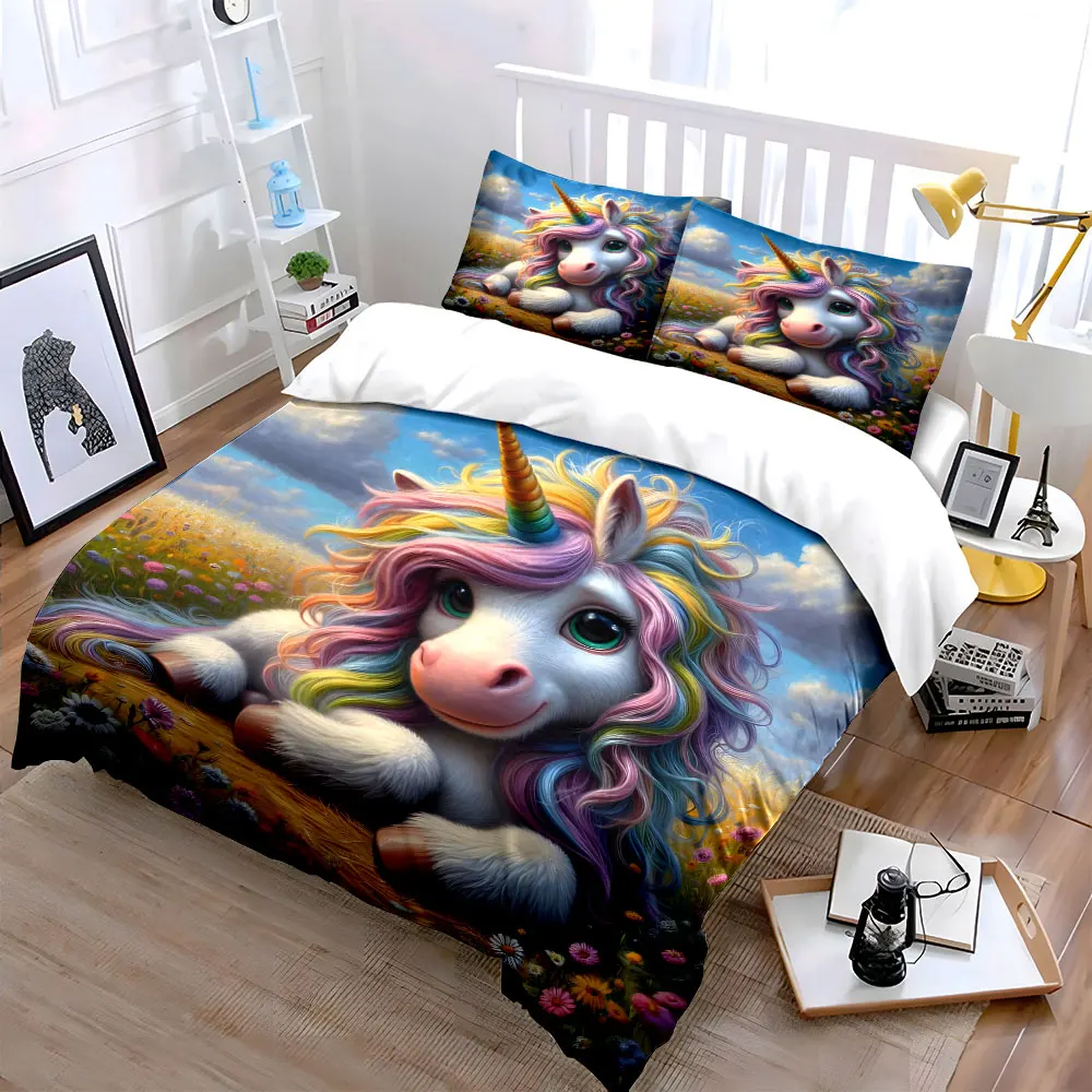 Rainbow Unicorn in Flower Field Bedding Set for Kids Luxury Gift 3pcs Digital Print Comforter Set Soft Comfortable Breathable
